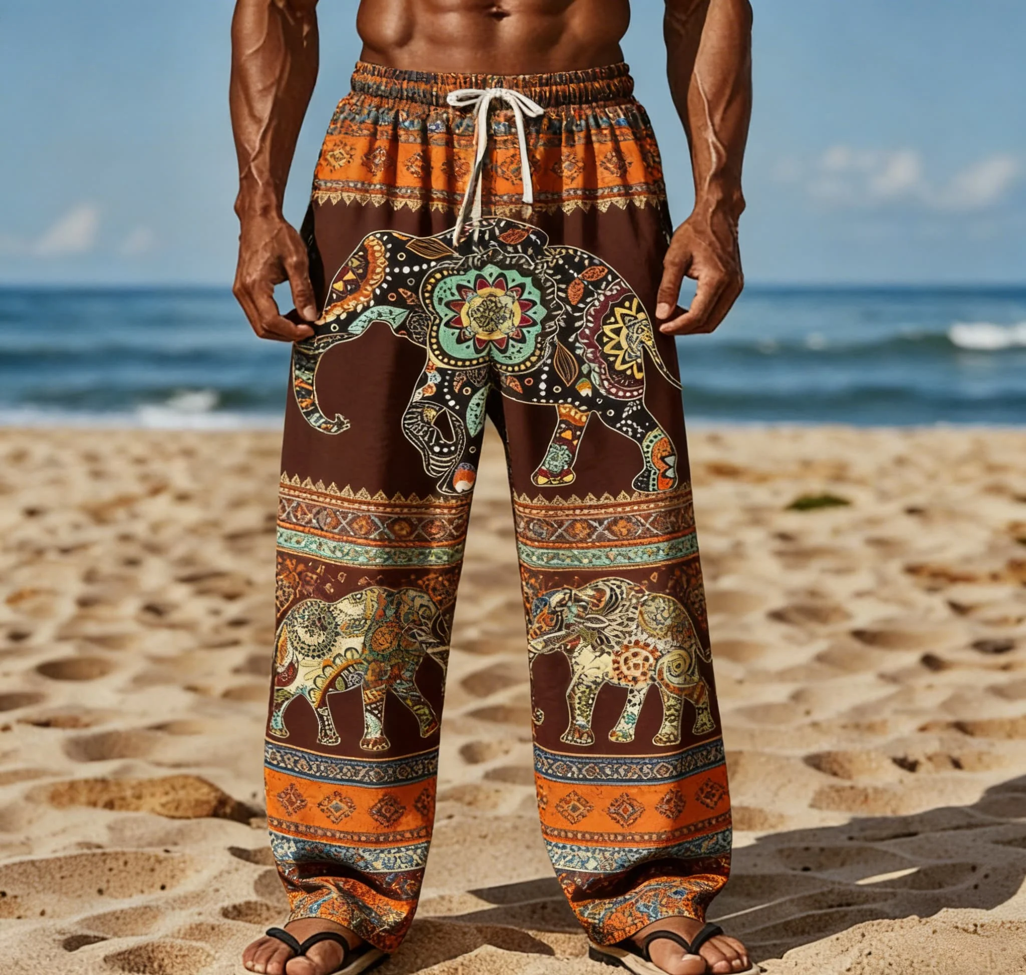 Men's Summer New Hawaiian Style Patchwork Print Wide-Leg Trousers