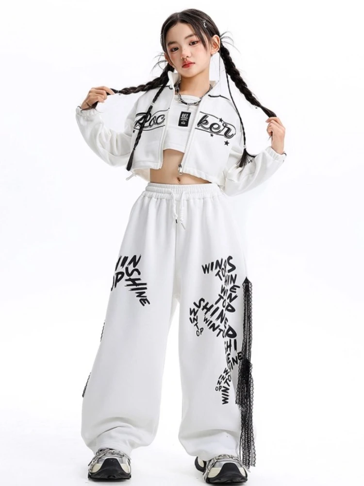 Neue Mädchen Jazz Dance Kleidung Set Hip Hop Kostüm Weiße Jacke Baggy Hosen Lange Ärmel Anzug Gruppe Breaking Street Dance Outfits