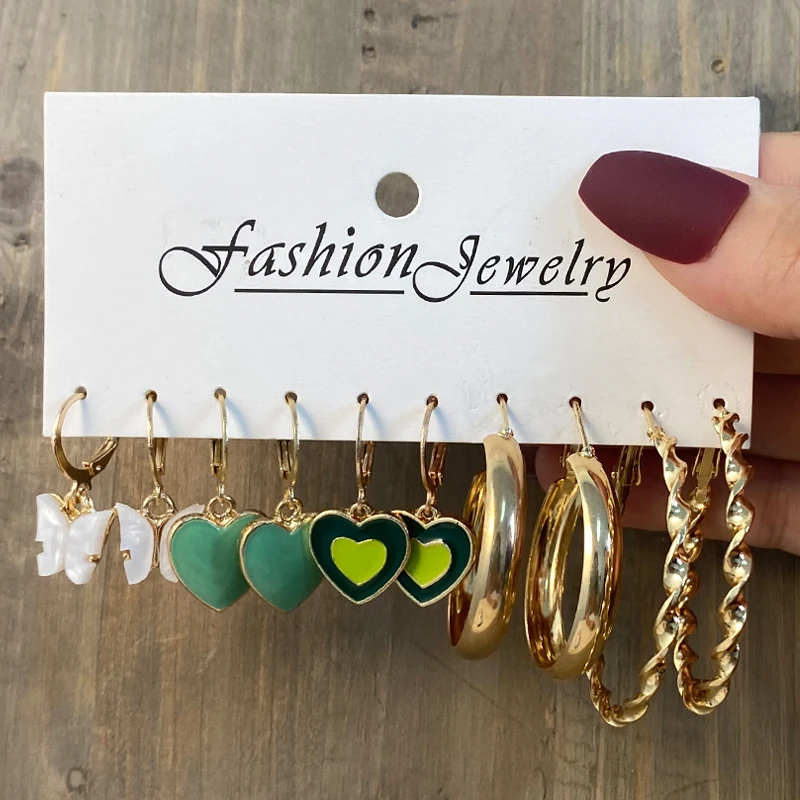 Trendy Colorful Earrings Set For Women Girls Green Resin Pearl Gold Color Metal Circle Dangle Earrings 2022 New Fashion