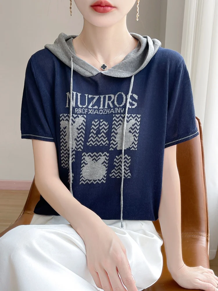 

Faionable, новинка лета 2023, женская футболка с капюшоном ort Sve, универсальный базовый слой, свободный крой, удобный вязаный топ