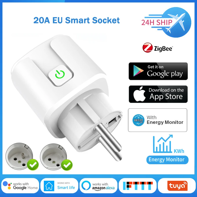 Tuya Zigbee Smart Plug 20A EU Smart Socket With Power Monitoring Timer Function Voice Control Works Via Alexa Google Home Yandex