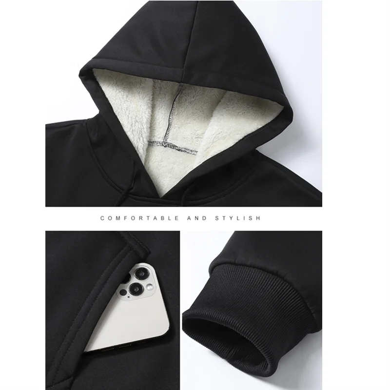 Warme Fleece-Kapuzenpullover für Herren, einfarbig, lässig, Kordelzug-Kapuzenpullover + Hose, verdickt, winddicht, mit Tasche, Winter-Sweatshirt