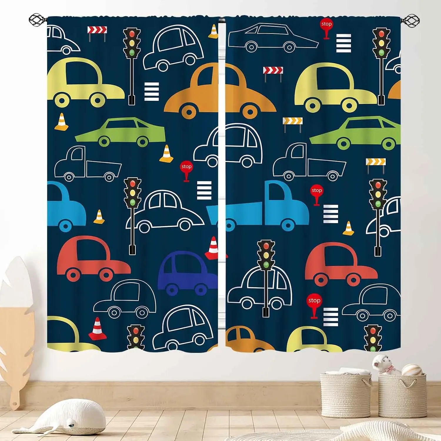 Cartoon Car Traffic Curtain 2 Panels, Color Auto Traffic Light Sign Dark Blue Print, Drapes for Boys Bedroom Kid Decor Curtain