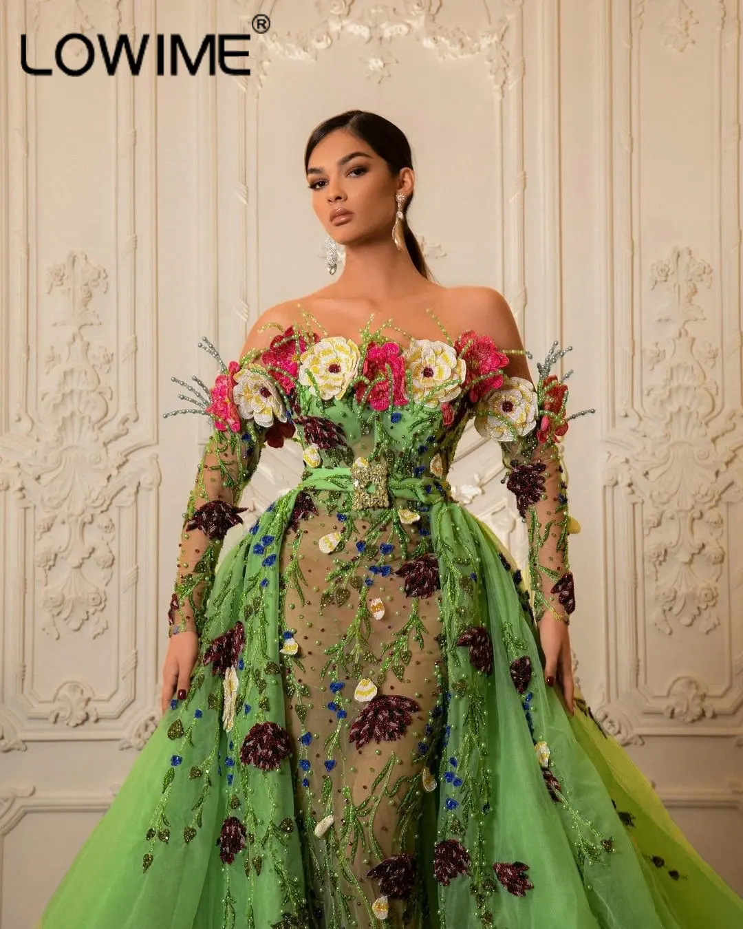 Couture Fashion Fancy Spring Green Flowers Overskirts Evening Dresses Stunning Beading Illusion Pageant Event Party Gowns