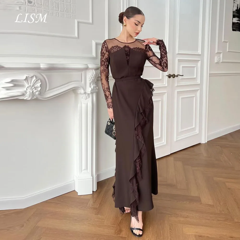 LISM OネックブラウンイブニングドレスAラインシルクシフォンレースカスタマイズフルスリーブエレガントプロムドレス