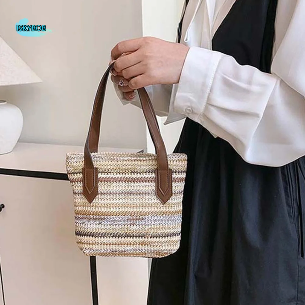 

Сумка для хранения Элегантная тканая сумка-ведро в стиле ретро, большая вместительная маленькая квадратная сумка из полиэстера в радужную полоску, школьная сумка для подмышек