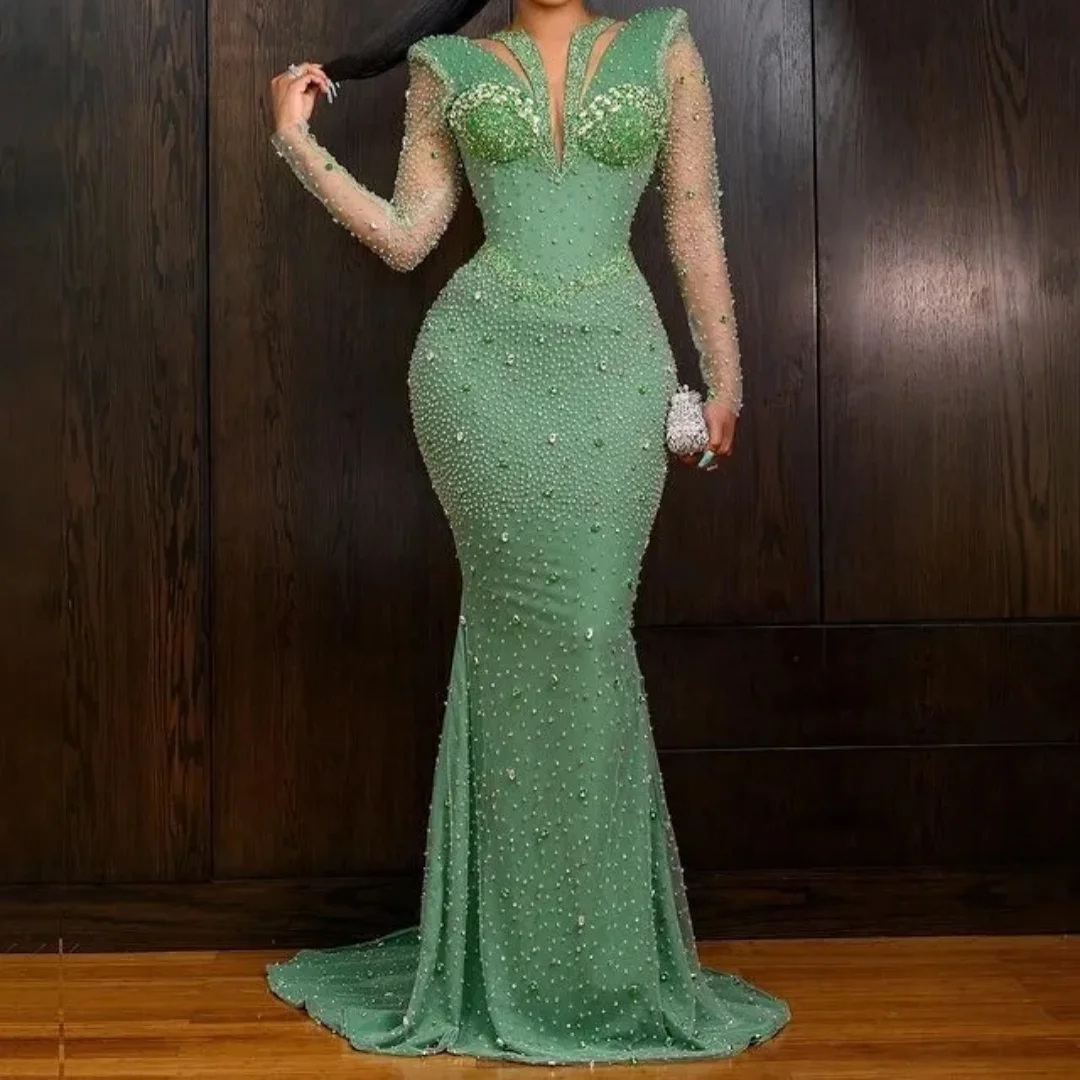 Zeemeermin lange mouwen kristallen formele feestjurk galajurken voor zwarte meisjes groene Afrikaanse avondjurken op maat