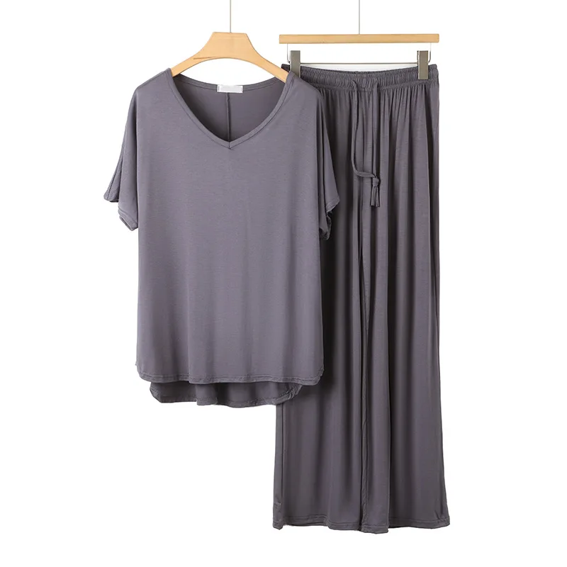 Women's Summer Modal Color-Blocked Pajama Set, Korean Style Casual Short Sleeve Wide-Leg Loungewear Pants Can Be Worn Outside - Image 4