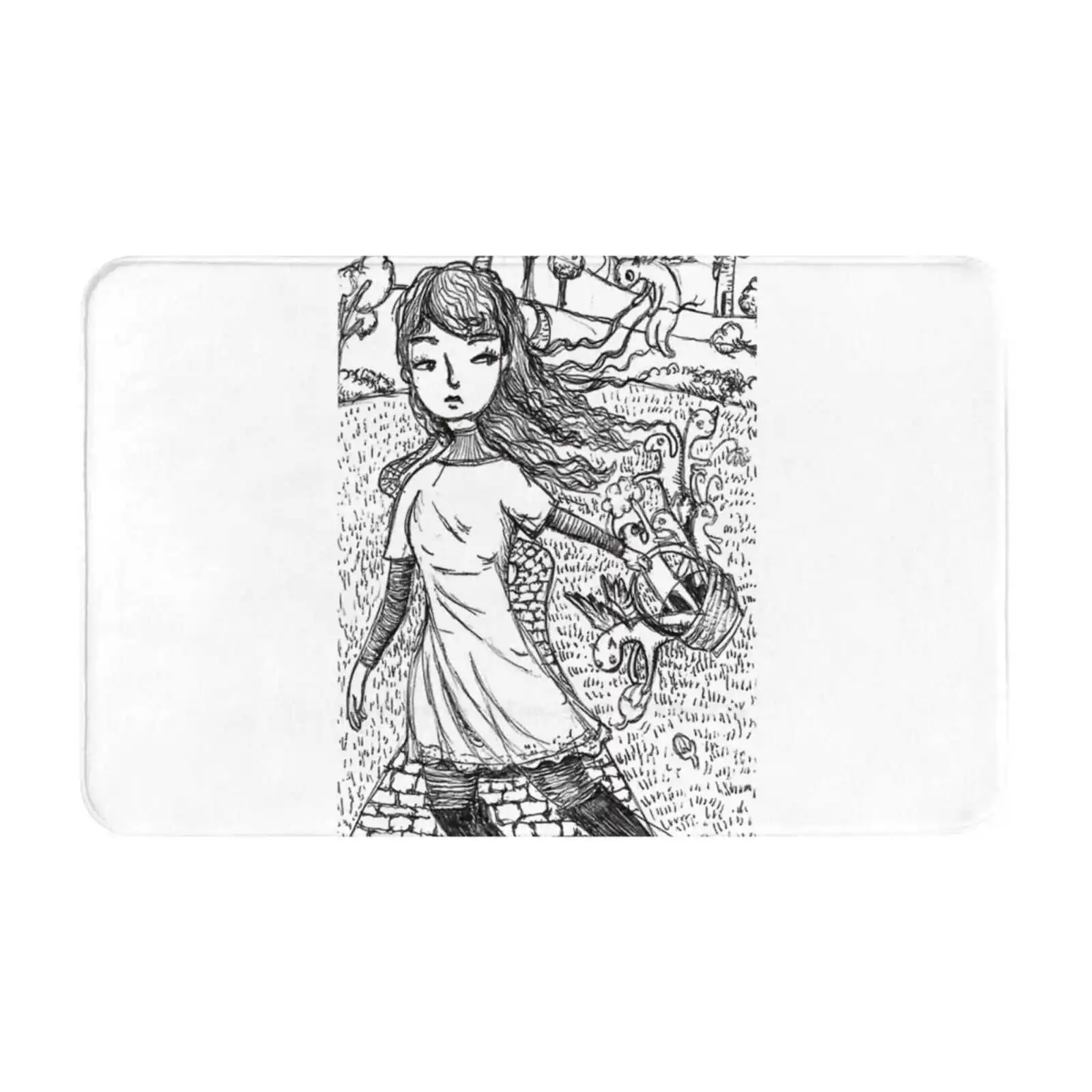 Heroine'S Journey Into Soft Cushion Car Home Carpet Door Mat Black And White Fairytale Pen And Ink Whimsical Girl Carrying