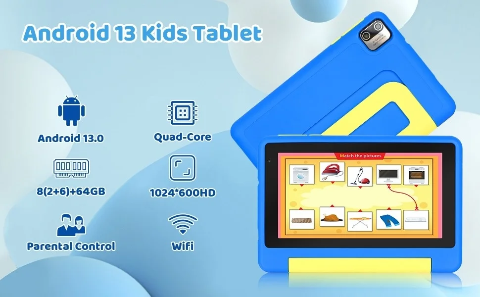 7 Inch Kids Tablet Android 13 8(2+6)GB RAM 64GB ROM Parental Control Dual Camera with Shockproof Case 2500mAh Kids Software