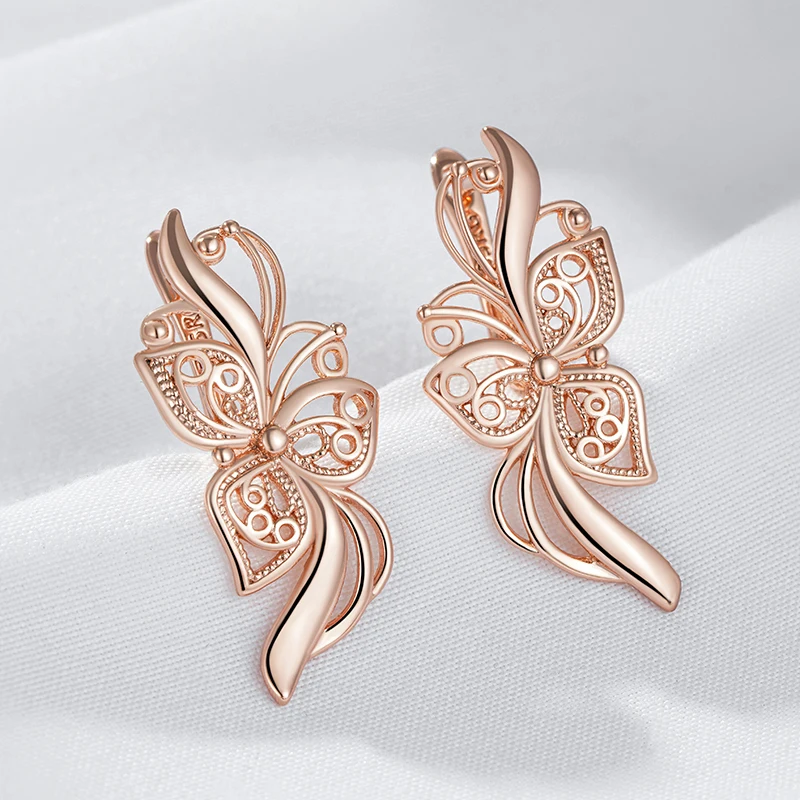 Kinel Hot Unique Glossy Long English Earrings for Women Fashion 585 Rose Gold Color Metal Flower High Quality Daily Fine Jewelry