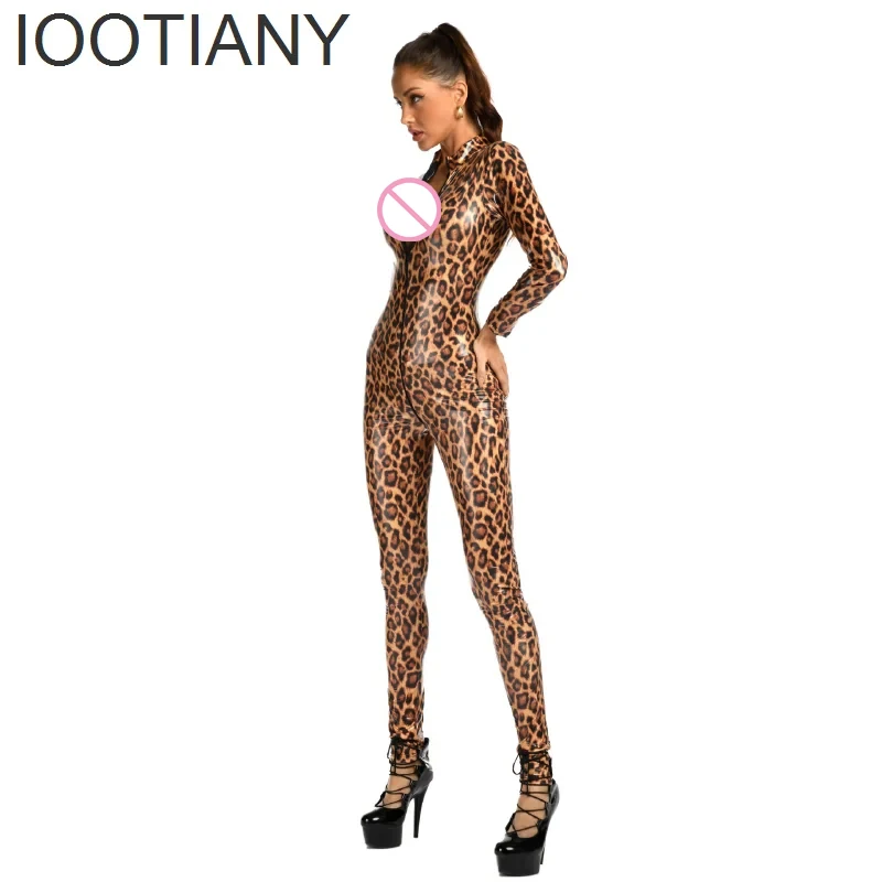 IOOTIANY Sexy Leopard Bodysuit Wet Look Faux Leather Catsuit Hot Erotic Women Zipper Open Crotch Jumpsuit Mistress Sex Costumes