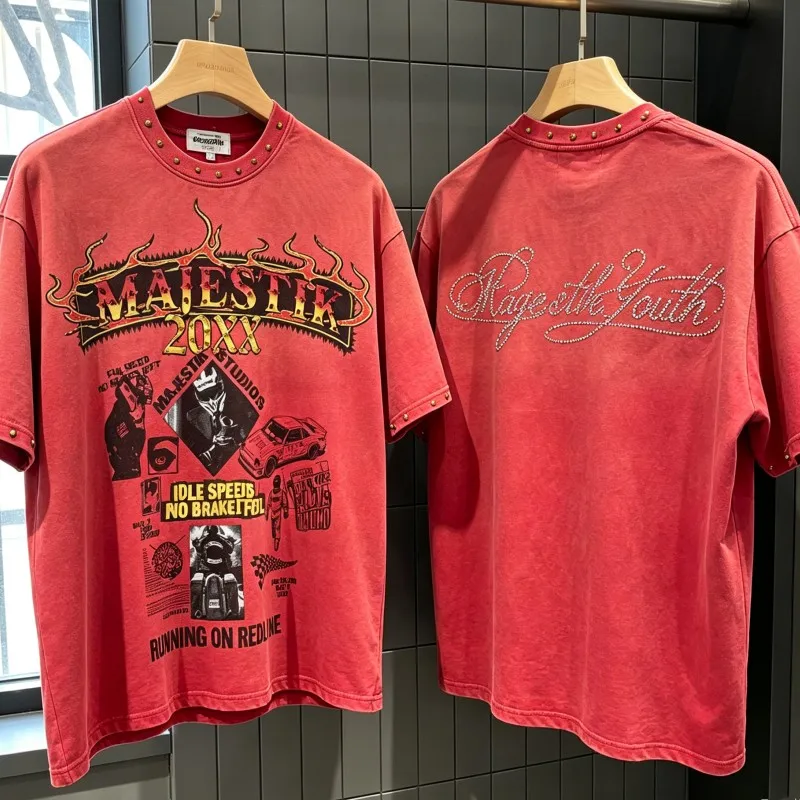 Vintage Washed Red MAJESTIK Tshirts Hotfix Rhinestone Flame Letters Round Neck Short Sleeve Summer Men Women Cotton Street Tee
