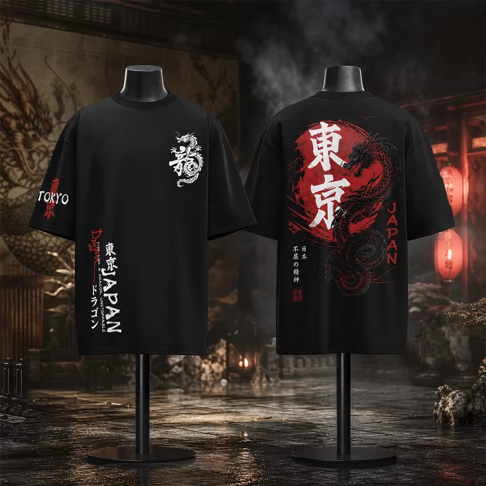 Japanese-style Tokyo Dragon Pattern Printe Sport Breatha Men T-shirt Outdoor Retro Street Y2K Parent-child CottonClothing