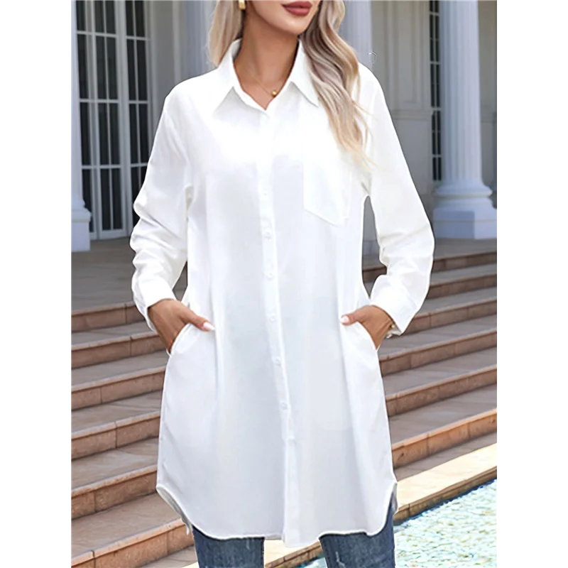 ABP-Mini abiti a camicia casual da donna con colletto a V e bottoni larghi a maniche lunghe