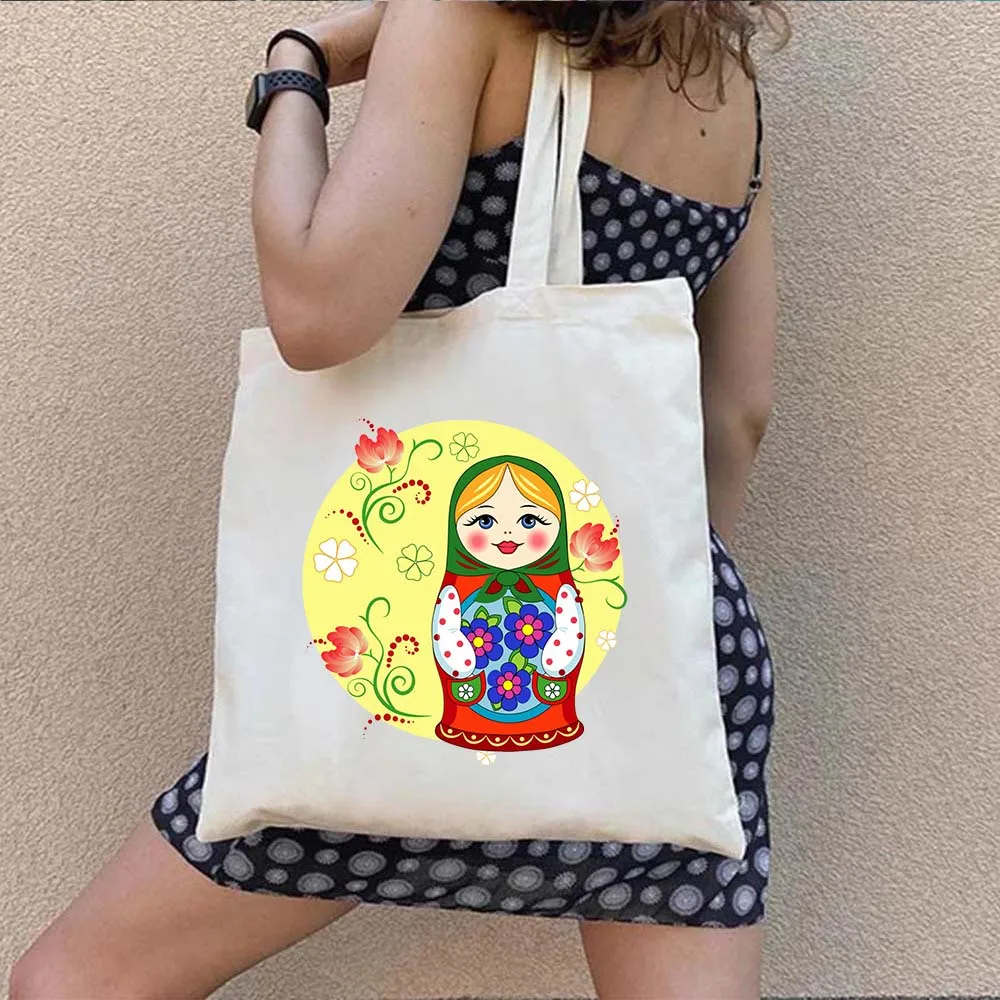 Cultura rusa Moscú Matrioshka muñeca anidada catedral escudo de brazo Masha chica mujer lona bolso grande de hombro bolso de compras