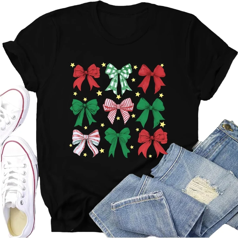Women's Christmas Cotton T-Shirts, Christmas Tree Design, Cute Tie Pink Ribbon with Lights Crew Neck Short Sleeve Fashion Casual