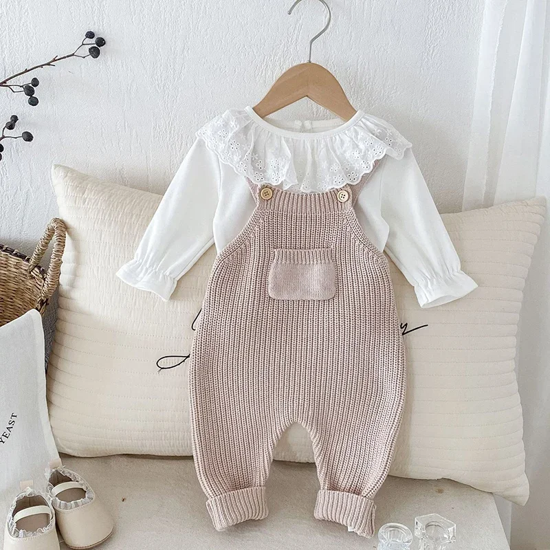 

2024 New AutumnChildren Clothes Set Long Sleeved Cotton T-shirt+Sleeveless Knitted Jumpsuit Toddler Baby Clothes Suit