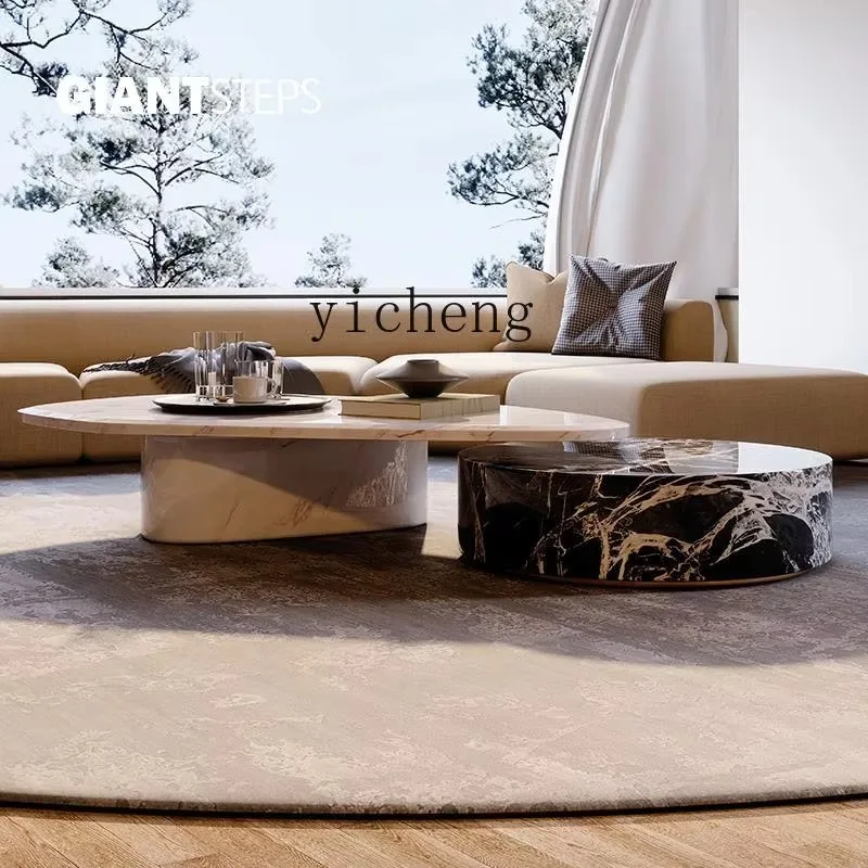 Coffee Table Living Room Household Small Apartment Light Luxury Movable With Natural Marble Oval Combination Coffee Table