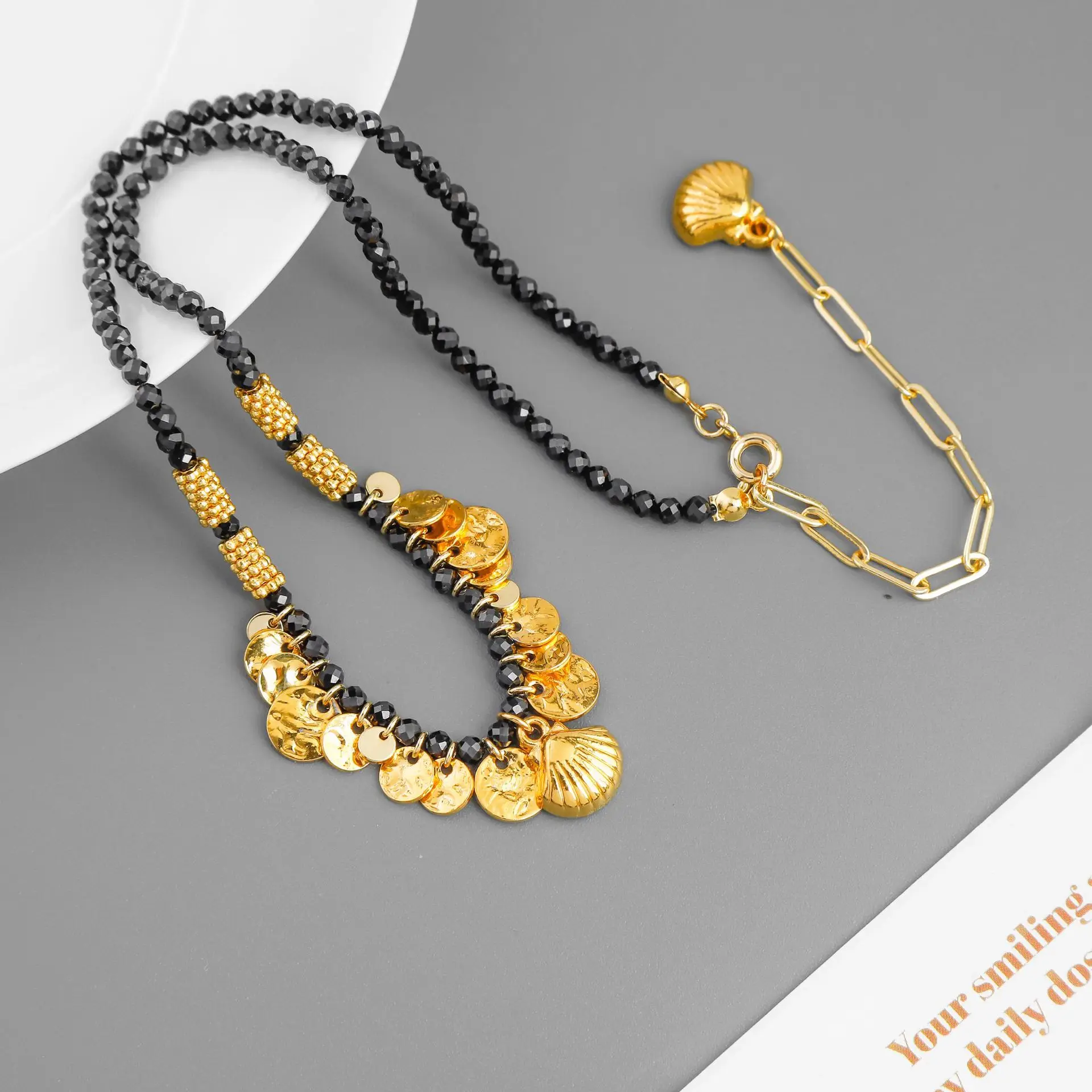 

Vacation Gold Coin Necklace ,Winter Obsidian Bead Collar Chain, Bohemian Minimalist Style