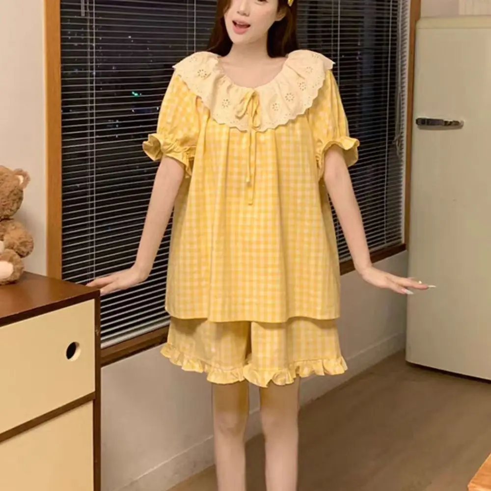 

Кружевной пижамный костюм с рюшами и кружевной сеткой, свободные шорты с круглым вырезом, ночная рубашка, женская домашняя одежда с коротким рукавом