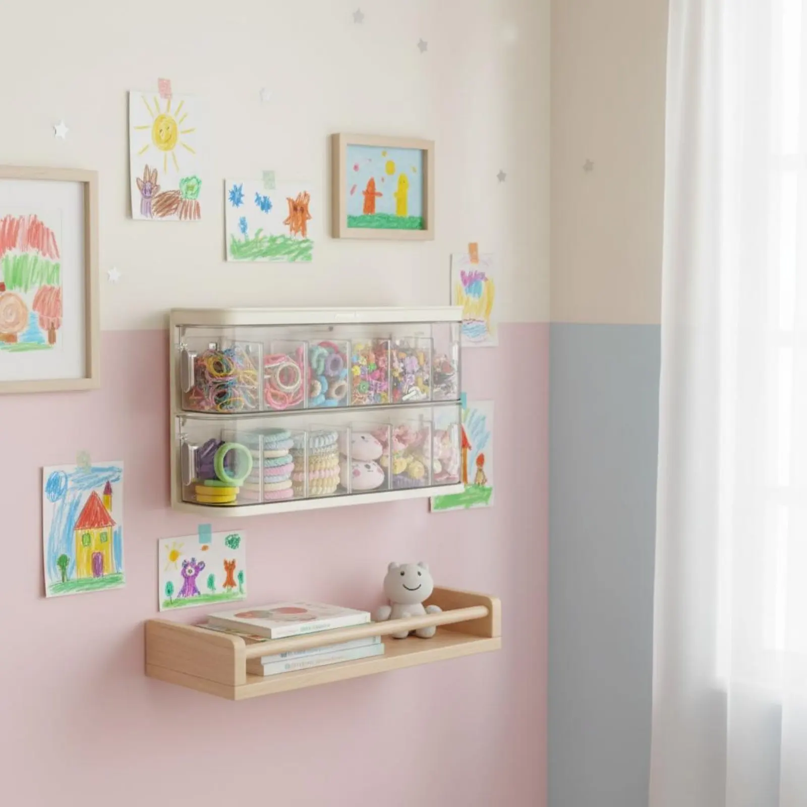 Wall-Mounted Hair Accessory Organizer Large Capacity 2-Tier Hair Tie Storage Box Pull-Extendable Drawers for Children, Bedroom