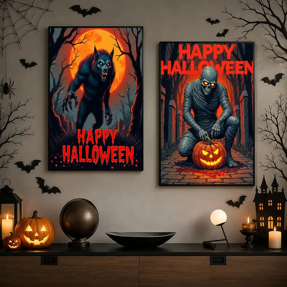 Halloween Horror HD Wall Art Poster Skull Werewolf Mummy Pumpkin Spooky Gothic Home Decor Gift