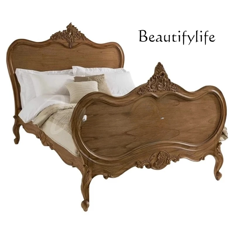 

European solid wood white old 1.8 bed French rural retro carved wedding bed pastoral princess bed