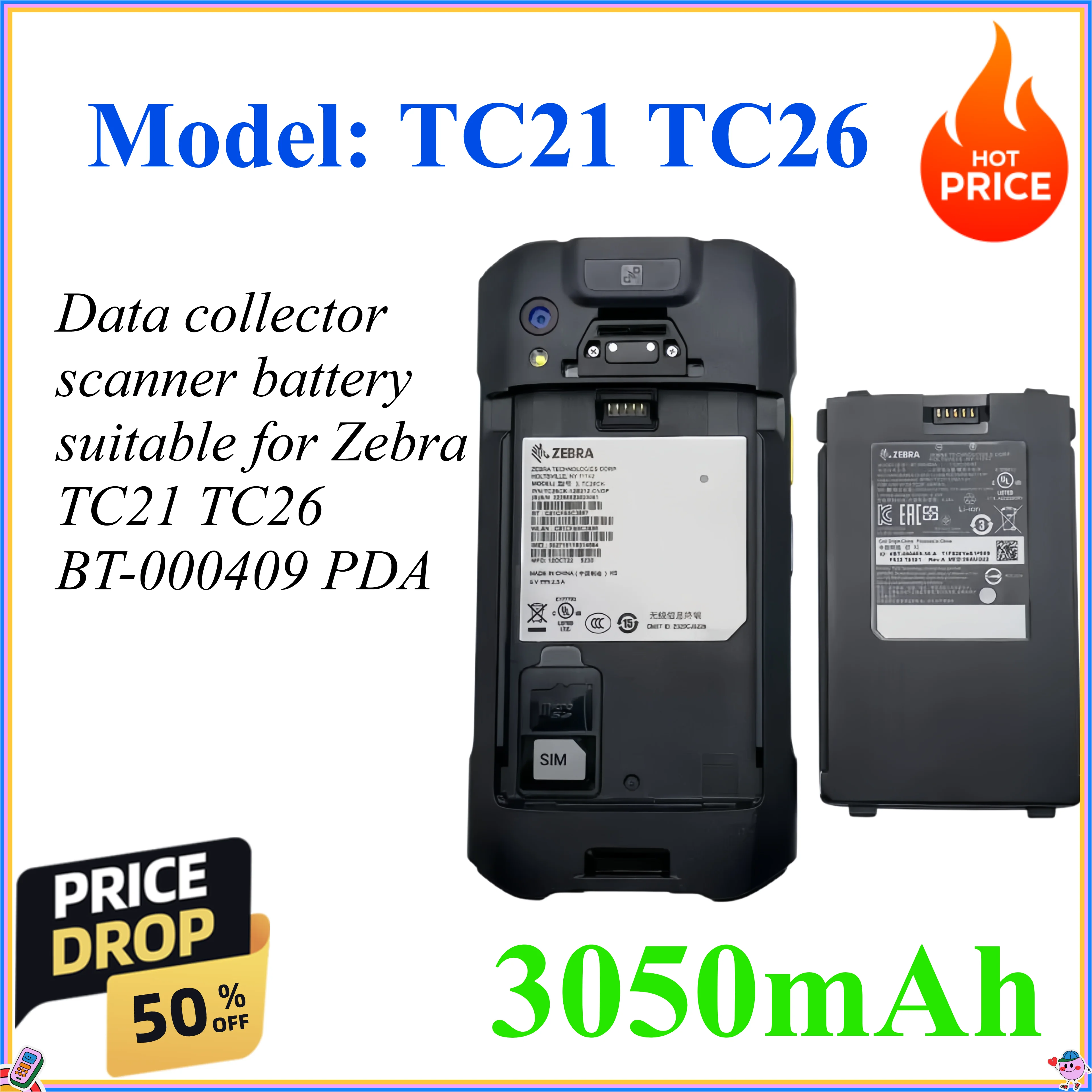 3050mAh Data Collector Data Acquisition Device scanner battery suitable for Zebra TC21 TC26 BT-000409 PDA