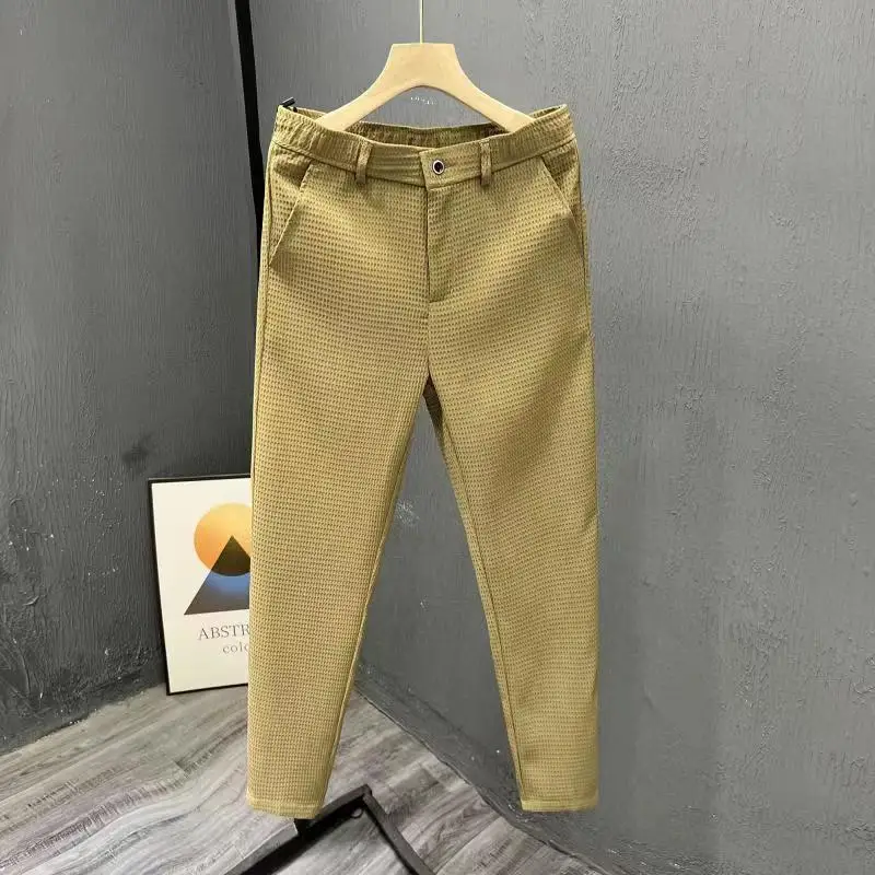 Business Straight Trousers Summer New Men's Solid Color Plaid Button Zipper Casual Classic Loose Sagging Sensation Suit Pants
