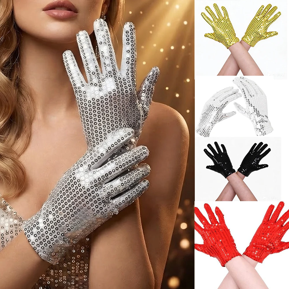 Glitter Full Finger Sequin Short Gloves Sparkling Sequined Accessory for Stage Performance Dance Disco Costume Party Decortion