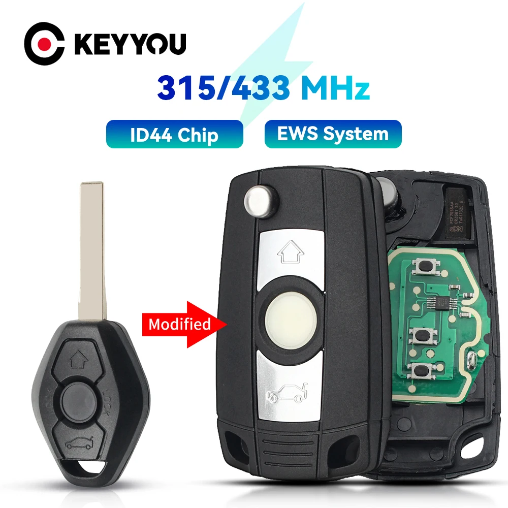 KEYYOU Modified Remote Key Fob For BMW E46 E39 3/5/7 Series Flip Car Key Fob ID44 Chip Replacement 315/433MHz Car Accessories