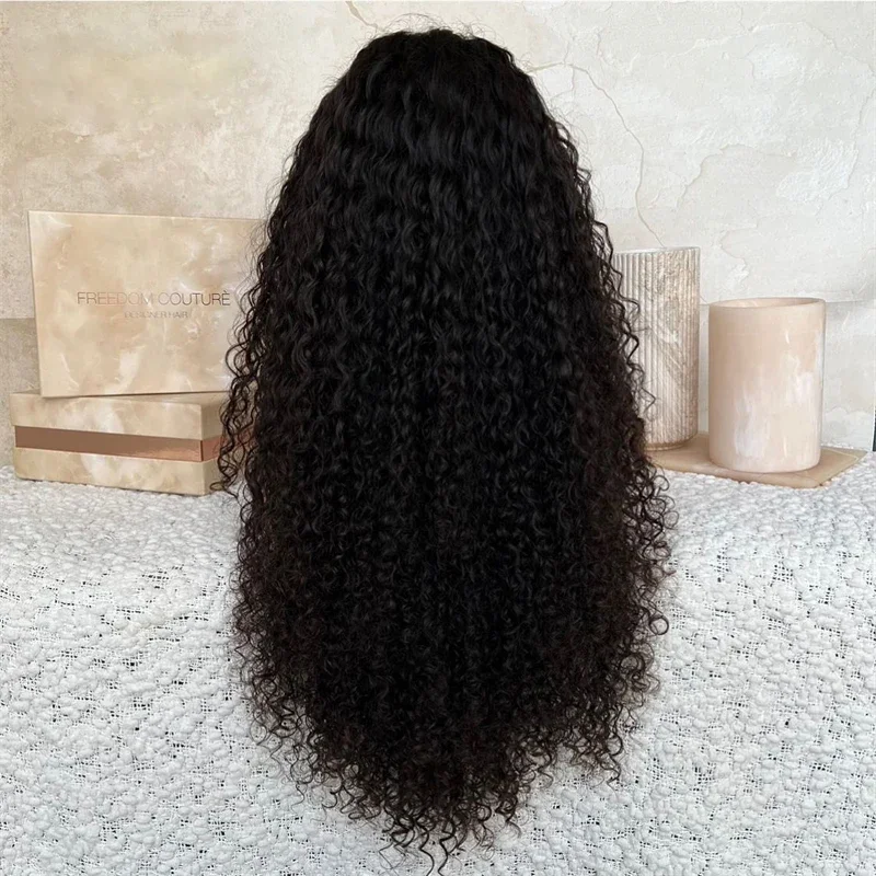 Peluca rizada de encaje frontal para mujer, pelo sintético prearrancado, resistente al calor, largo, 26 ", negro, sin pegamento, suave, 180de densidad