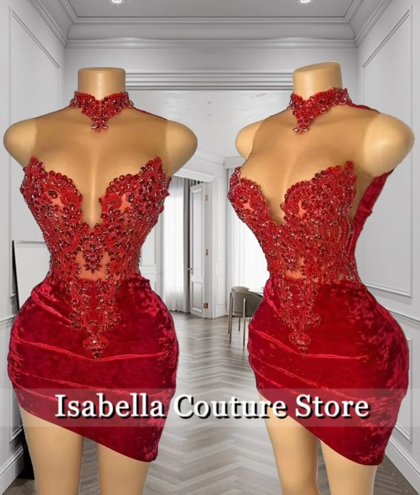 

Sexy Red Velour Short Prom Dress For Black Girl Beads Crystals Homecoming Party Dresses Senior Cocktail Dress Customized