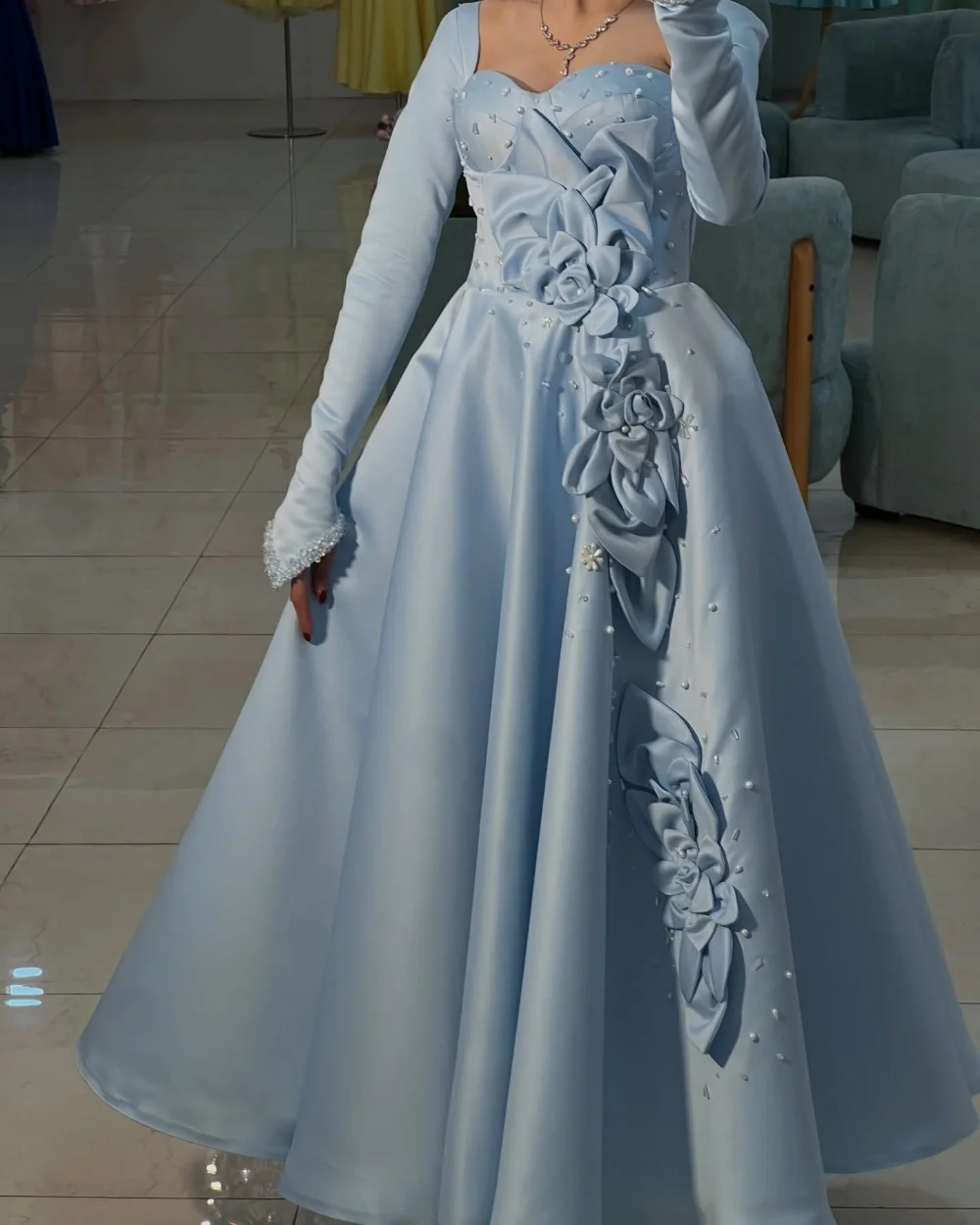 

Customized Matching Charmeuse Pleat Sequined Flower A-line Sweetheart Long Evening Dresses Luxury 2025 High Quality