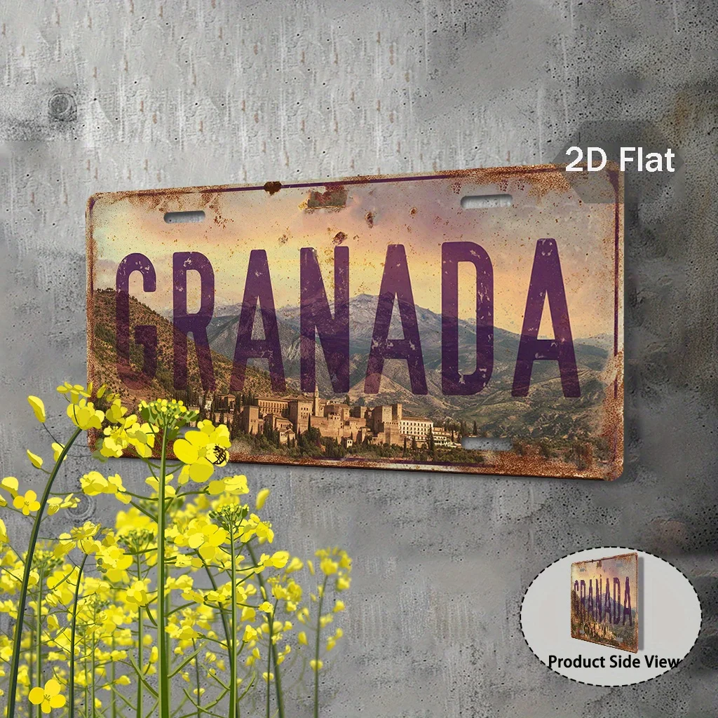 2D Flat - 1pc Vintage Granada License Plate | Spanish Retro Decor, 29.97cm x 14.99cm Aluminum Wall Art with Cityscape Design, Id