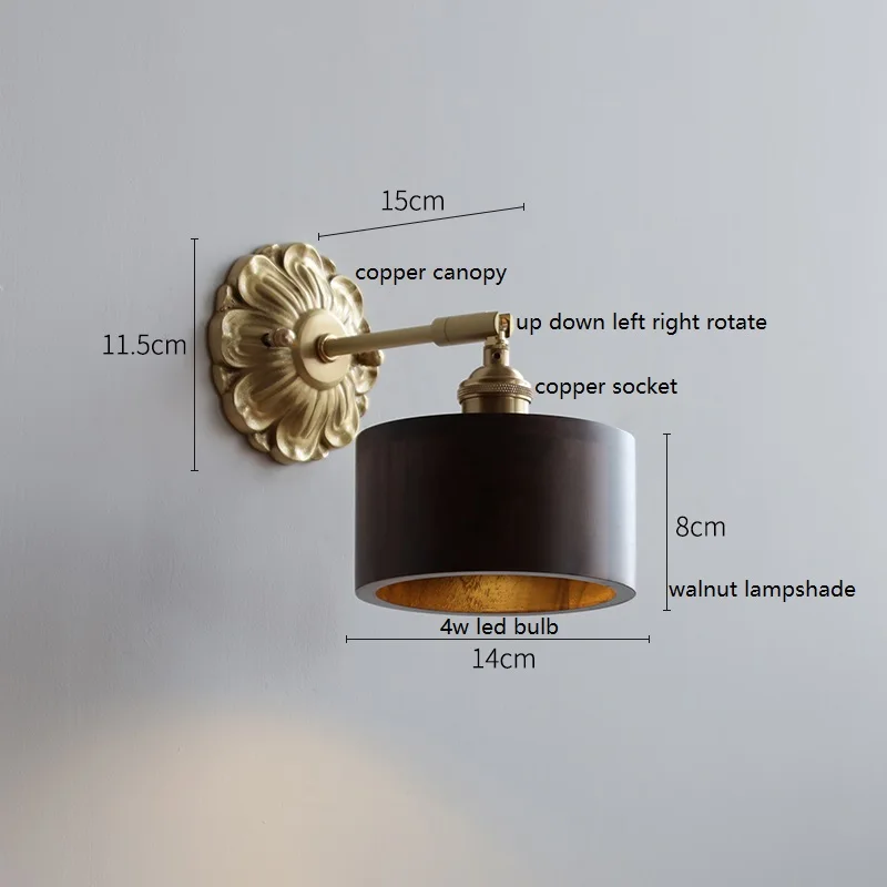 IWHD France Europe Style LED Wall Light Sconce Switch Walnut Ash Wood Bedroom Living Room Beside Lamp Copper Arm Lampara Pared