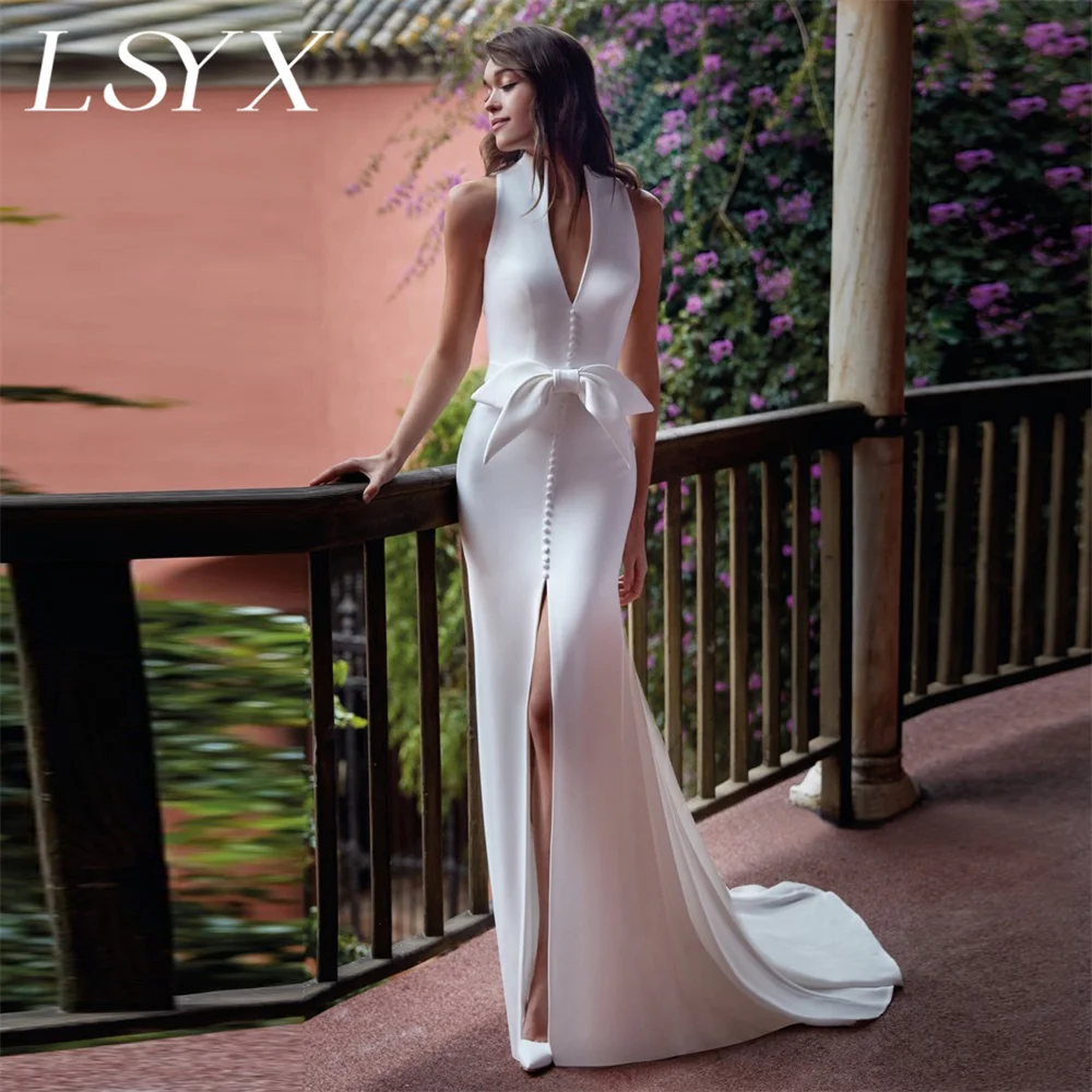 LSYX abito da sposa a sirena in pizzo senza maniche con scollo a v profondo con spacco alto Illusion Button Back Bow lunghezza del pavimento abito da sposa su misura