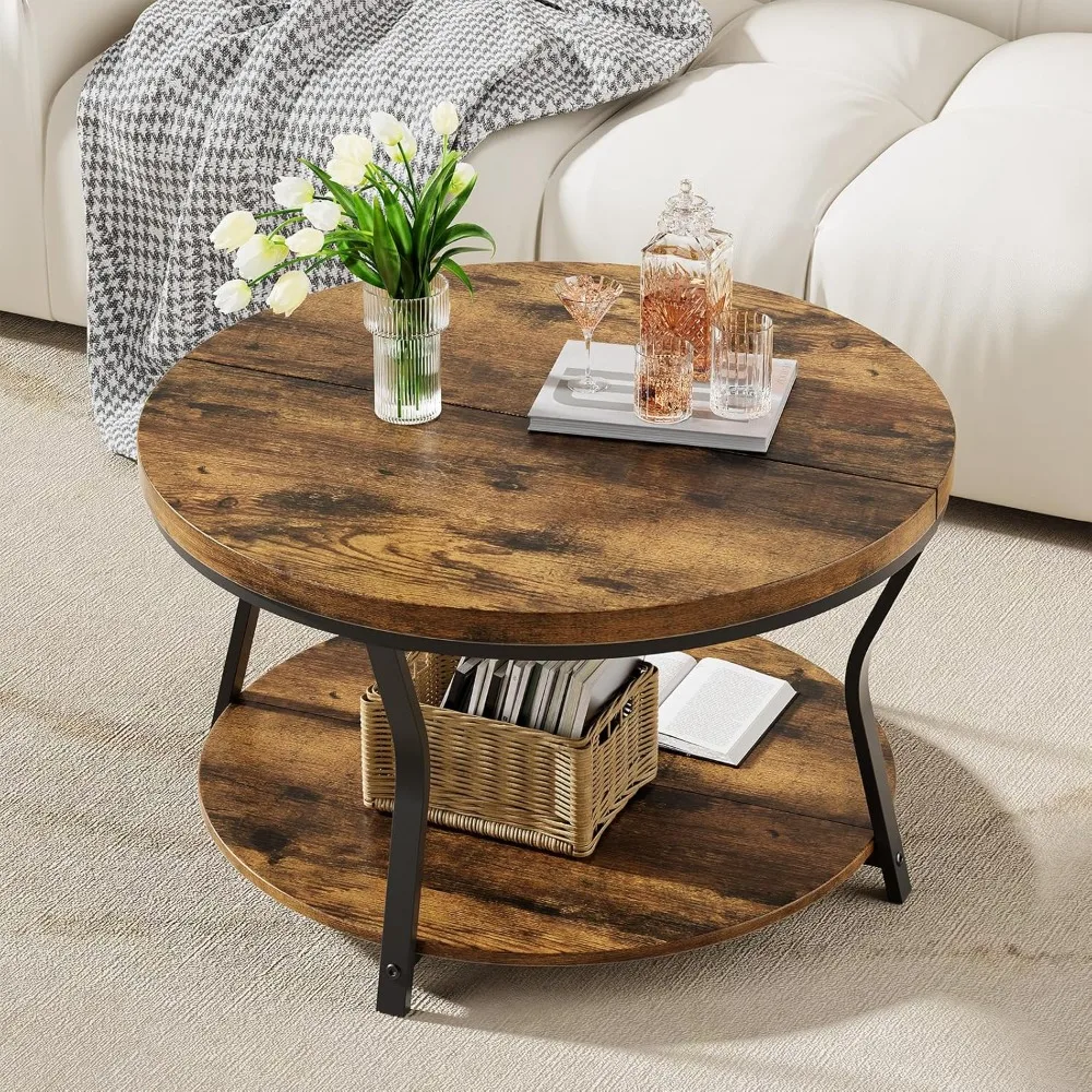 

Round Coffee Tables for Living Room, Circle Wood Coffee Table, 2 Tier Industrial Modern Center Table with Thickened Tabletop and