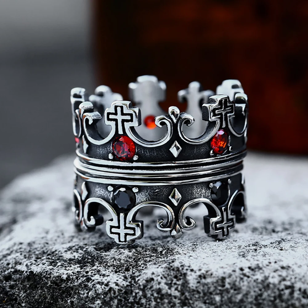 Fashion Vintage 316L Stainless Steel Cross Crown Ring for Men Women Creative Red Stones Rings Simple Jewelry Gift Dropshipping