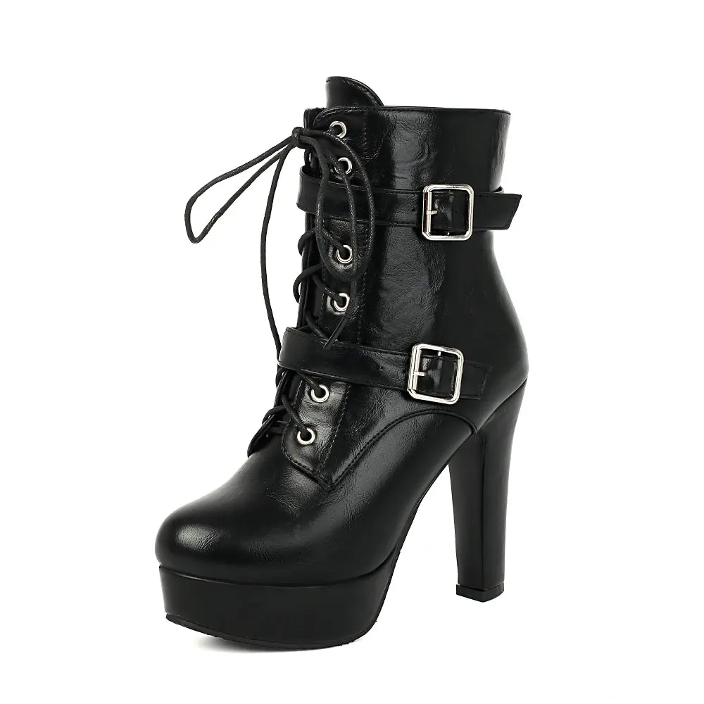 

Women Ankle Wrap Boots with Belt Buckle Platform Booties Leather Block Heel Lace Up Shoes Size Zipper Autumn Winter Walkwear
