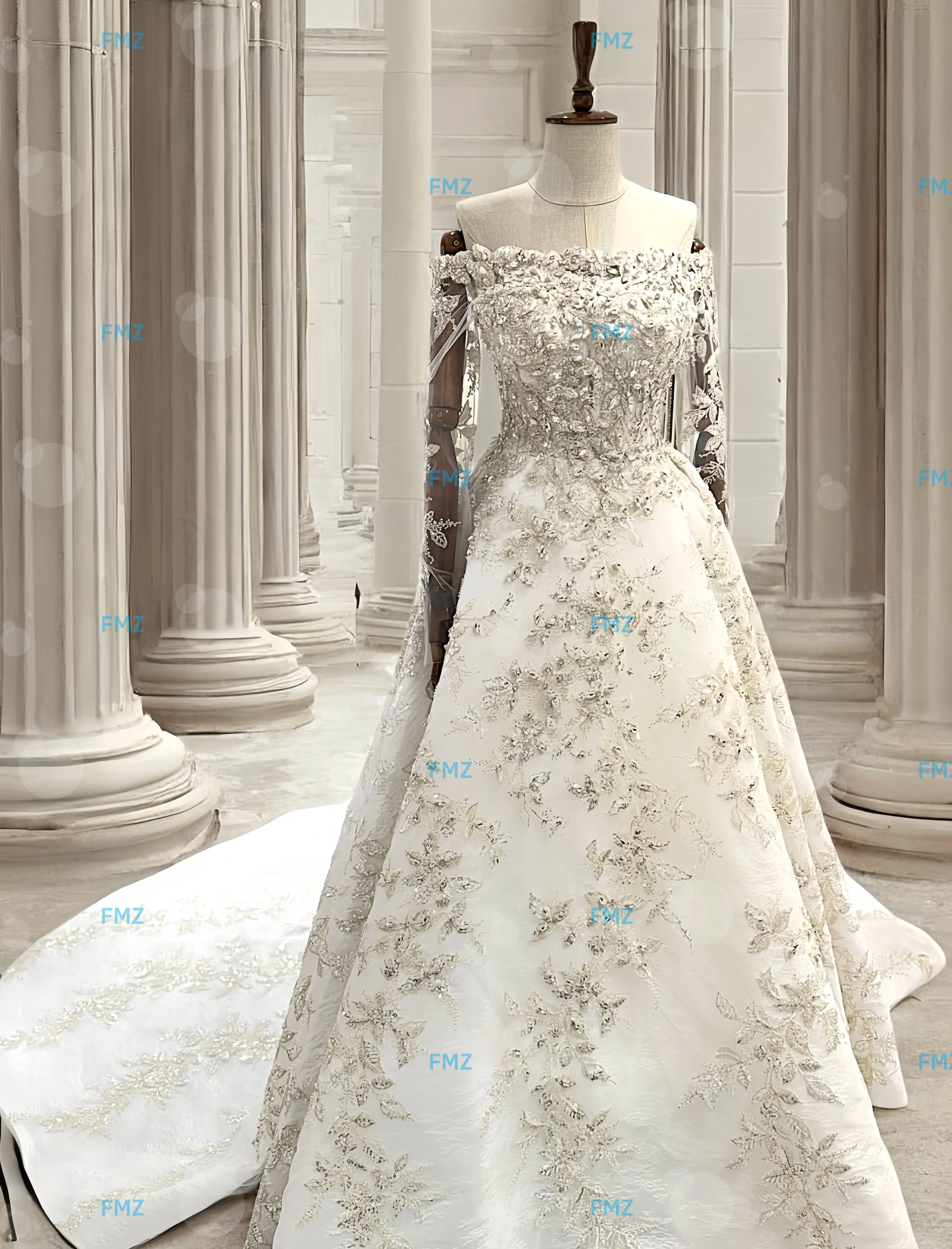 Customzied strapless long sleeves A-LINE beaded wedding dress vestidos de novia amanda novias amanda novias official