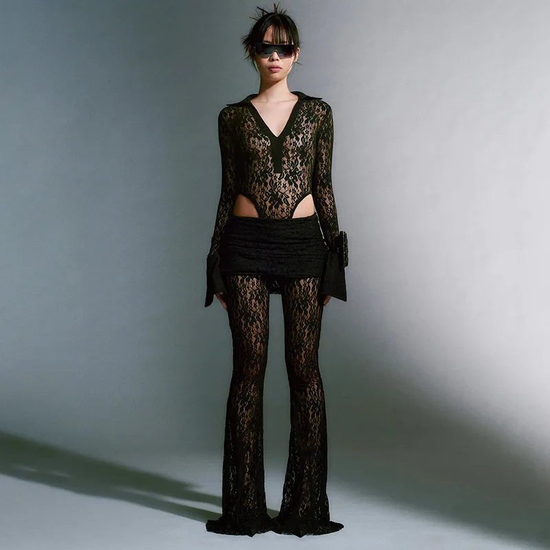 Voir à travers la dentelle col en V manches longues body combinaison Sexy femmes pantalon dentelle taille haute pantalon femme élégant mince pantalon évasé