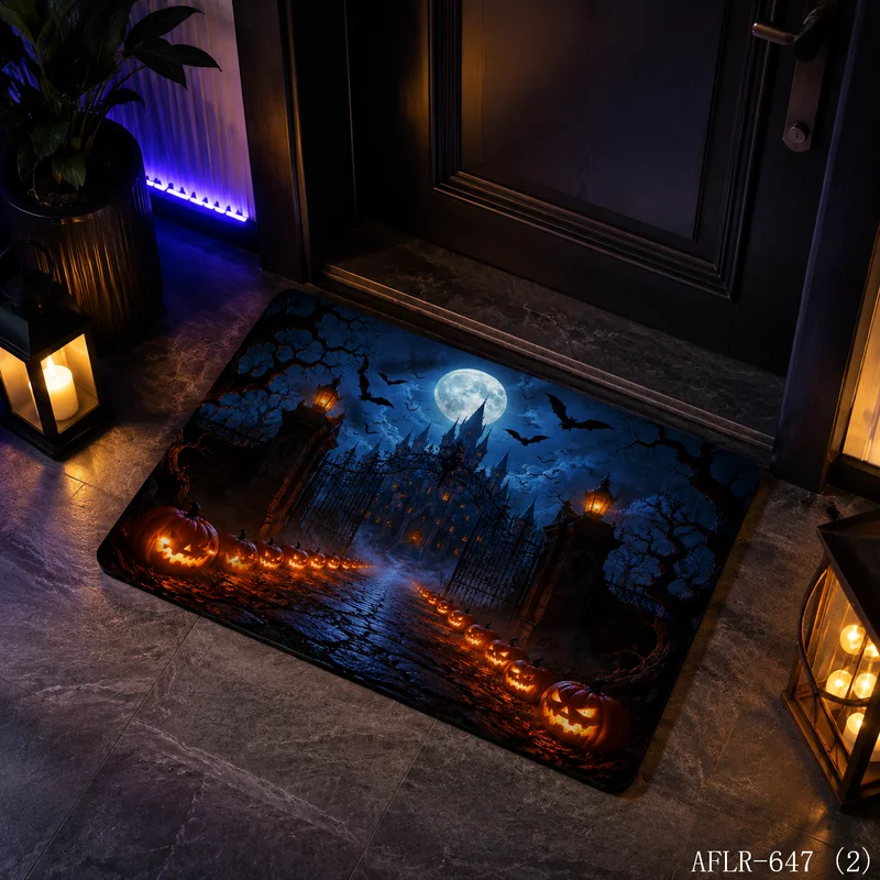 VIKAMA Halloween Spooky Castle Pumpkin Doormat Full Moon Dark Forest Print Non Slip Front Entryway Holiday Decor Floor Mat