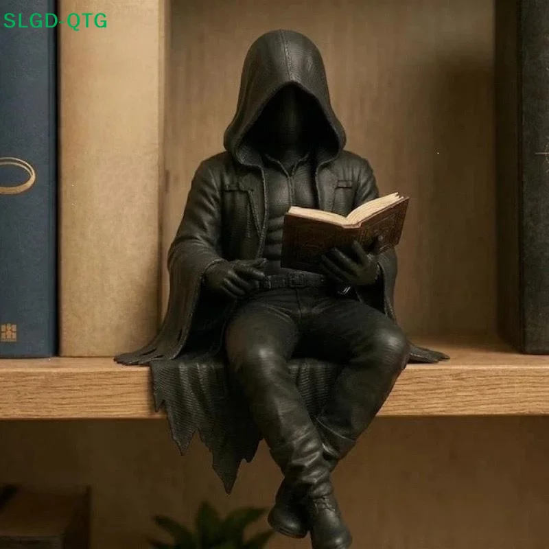 Hot! Grim Reaper Reading Statue Resin Black Hooded Skull Miniature Figurine Halloween Home Desktop Ornaments Gothic Decor