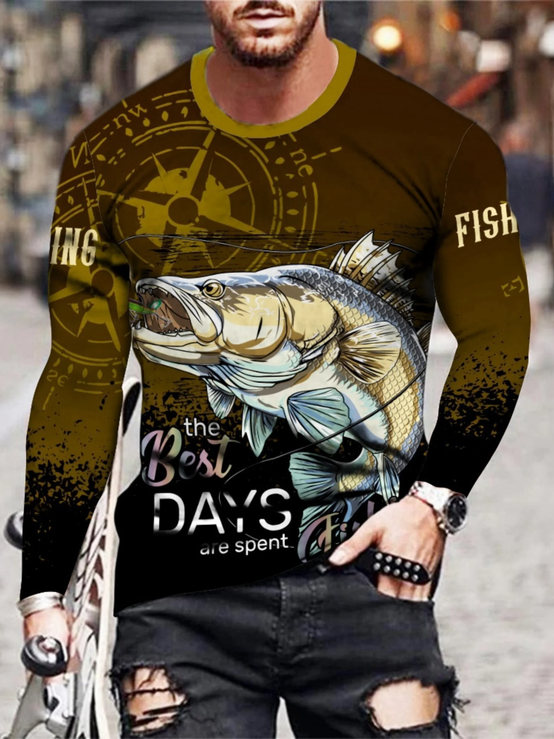 

Мужская солнцезащитная одежда с принтом рыбы, уличная быстросохнущая одежда, одежда для рыбалки и велоспорта, дышащий спортивный топ, машинная стирка