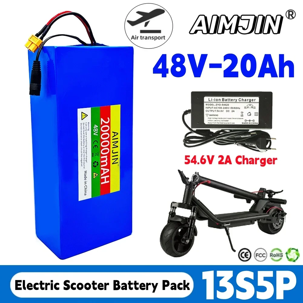 

New 13S5P 48V 20000mAh 18650 Li-ion Battery Pack 500-1000W Built-in BMS for Electric Bicycle Electric Scooter +54.6V 2A Charger