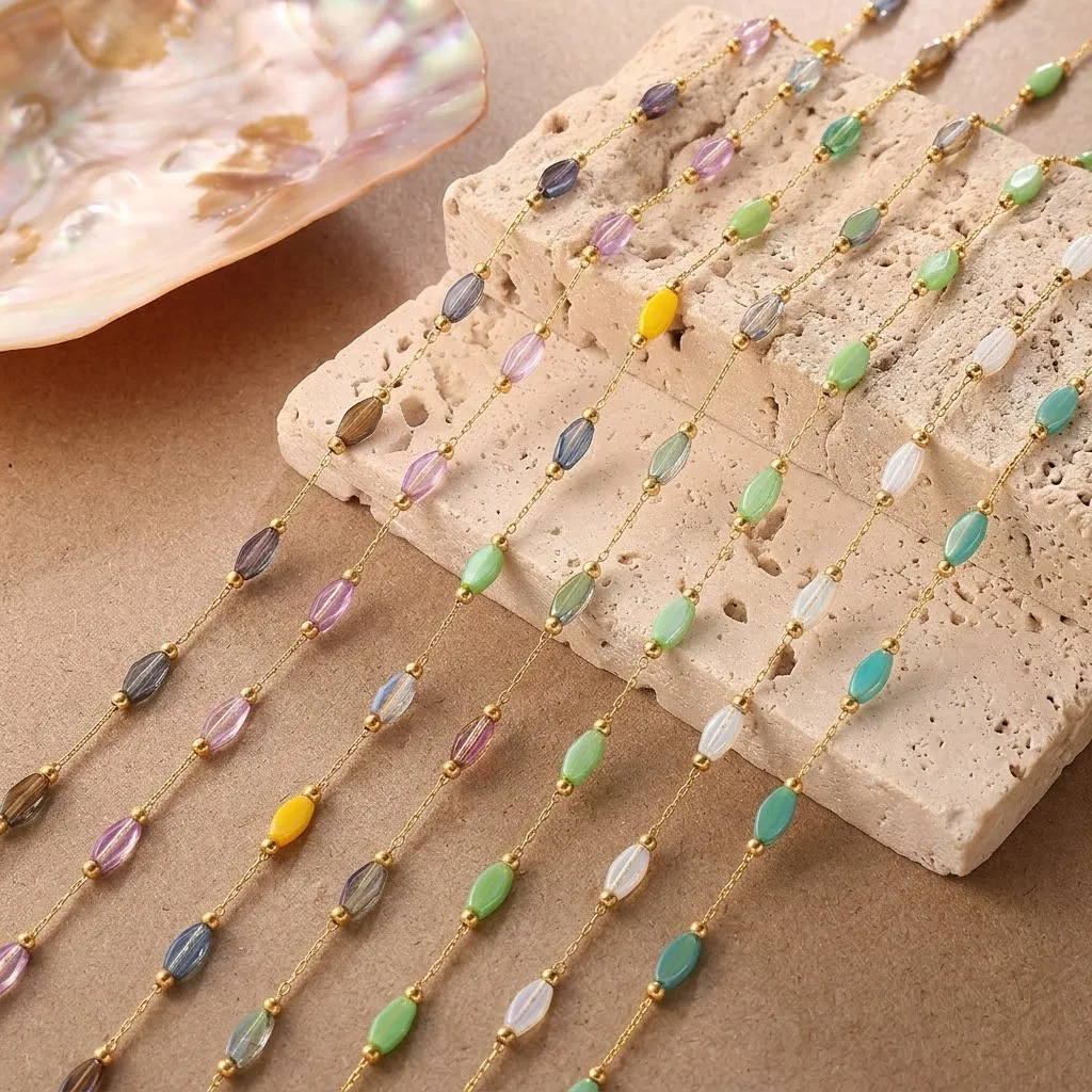 1 Meter Edelstahlkette mit Glänzenden Blauen Steinperlen für Halsketten, Armbänder, Schmuckherstellung, DIY-Zubehör und Bastelmaterial – Detail 1