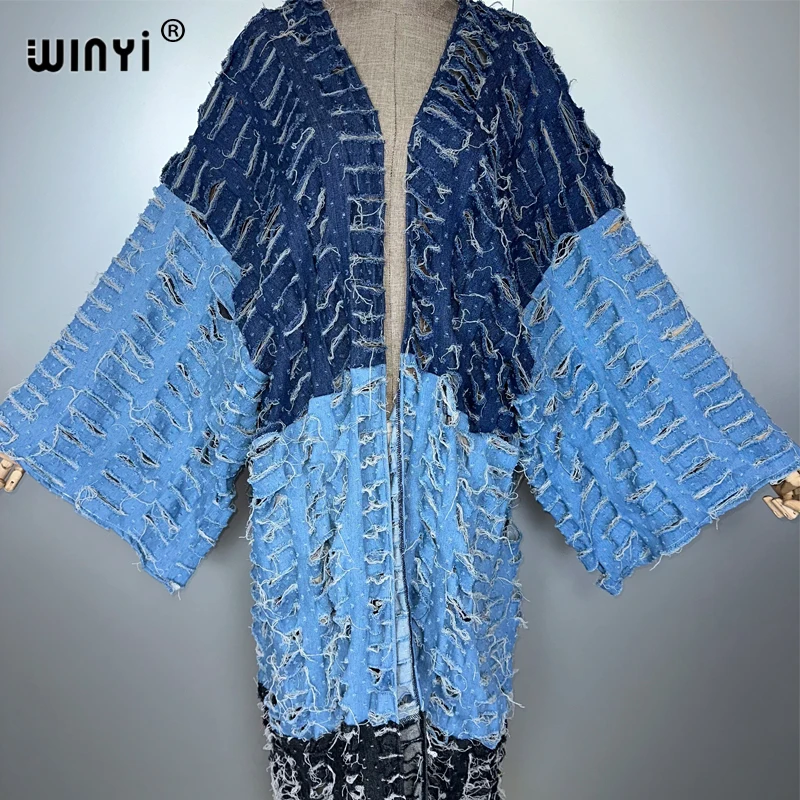 WINYI kimono Kleur bijpassende denim vest maxi jurk strandkleding cover-up abaya dubai luxe strandoutfits voor dames kaftan