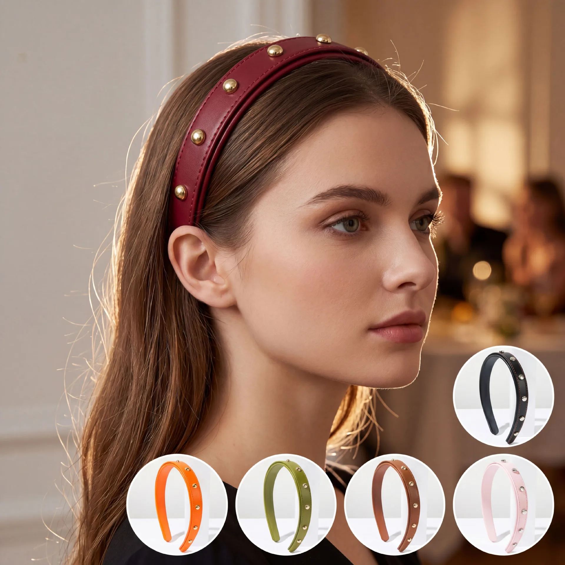 Minimalist Golden Studded Matte Leather Hair Hoop Solid Color Punk Street Style Headband Modern Daily Basic Hair Accessory